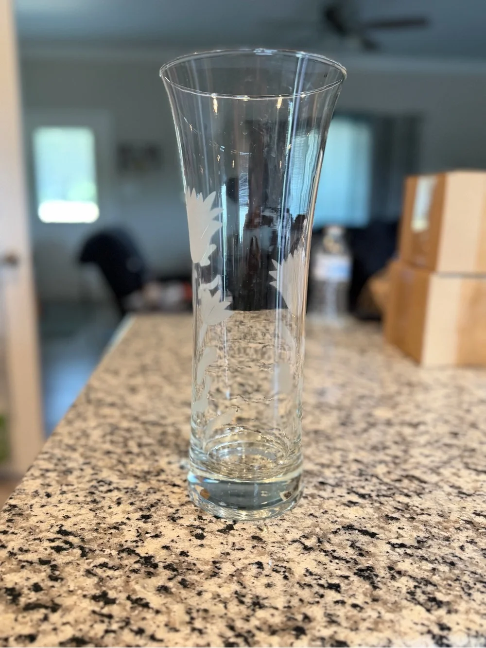 Etched Glass Floral Vase - Clear Tulip Design